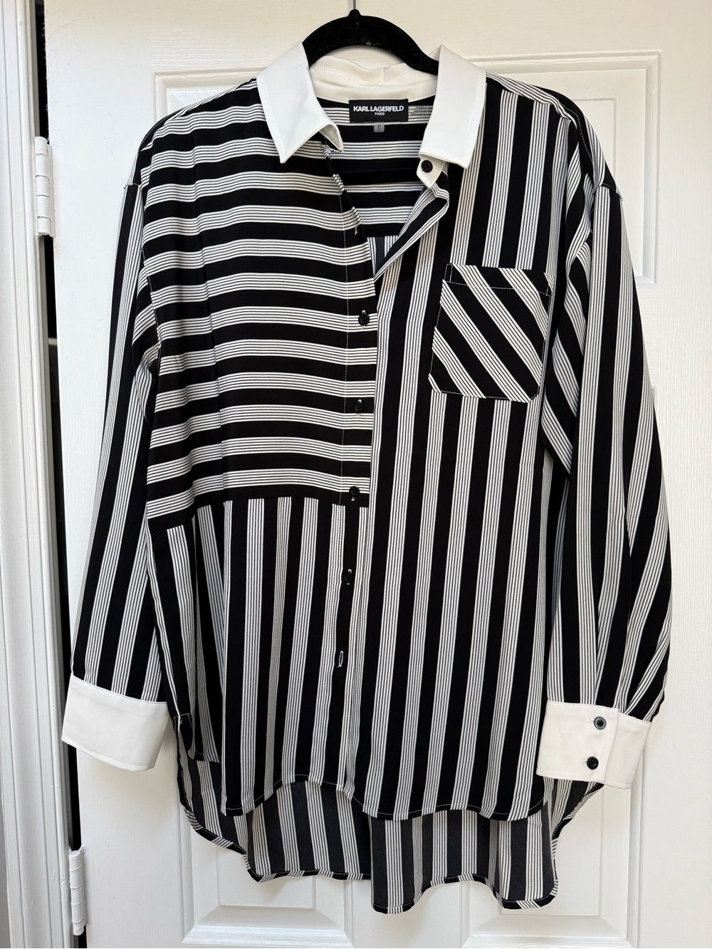 Karl Lagerfeld Black and White Striped Button-Up Shirt with Contrast Collar